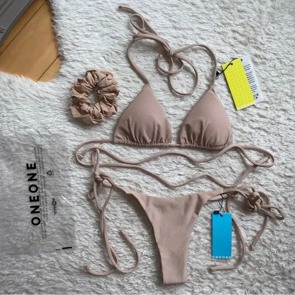 NWT OneOne Swimwear SET Bikini Ariel Sand Nude Beige Skimpy Small Triangle NEW - Picture 3 of 7